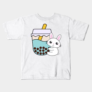 Cute Baby Rabbit Hugs Bubble Tea Kawaii Blue Boba Tea Kids T-Shirt